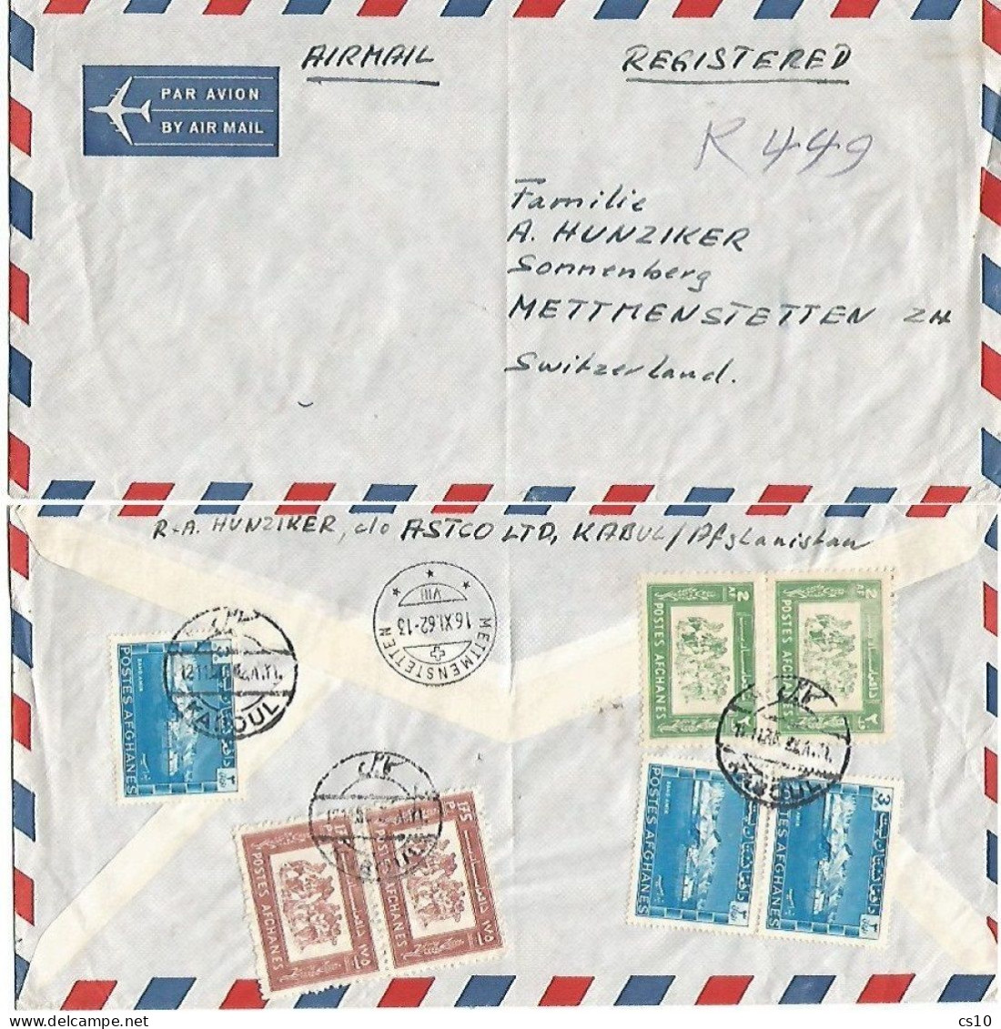 Afghanistan Registered AirMailCV Kabul 12nov1962 To Suisse With 7 Stamps - Afghanistan