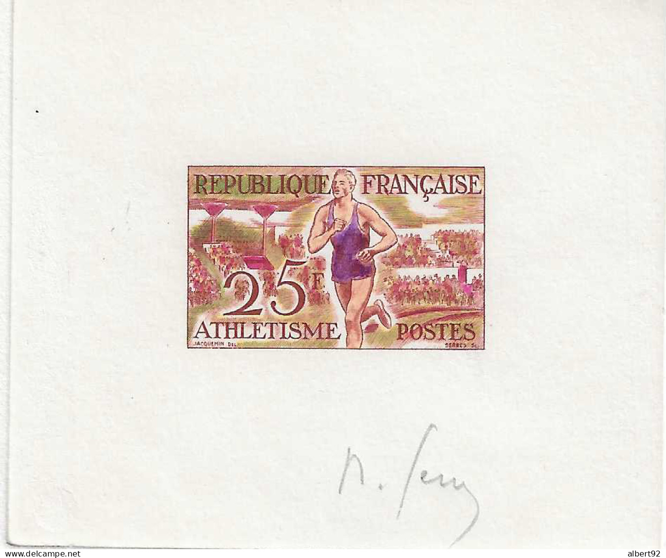 1954: N° 961 Yvert (Scott701) Trial Multicolor  Artist Proof Signed By Artist  Raoul Serres.Olympic Games Helsinski 1952 - Verano 1952: Helsinki