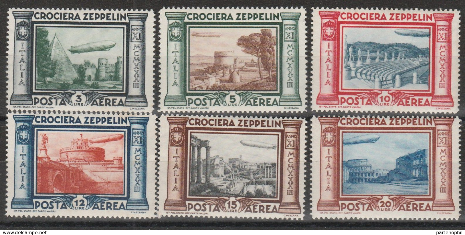 154 Italia Regno - Posta Aerea - 1933 - Crociera Zeppelin N. 45/50. Cert. Todisco. Cat. € 450,00. MNH - War Propaganda