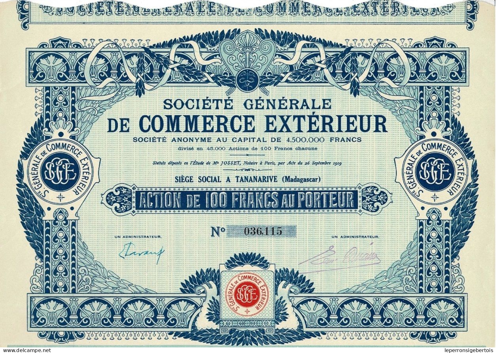- Titre De 1919 - Sté Générale De Commerce Extérieur - Madagascar - Déco - - Africa