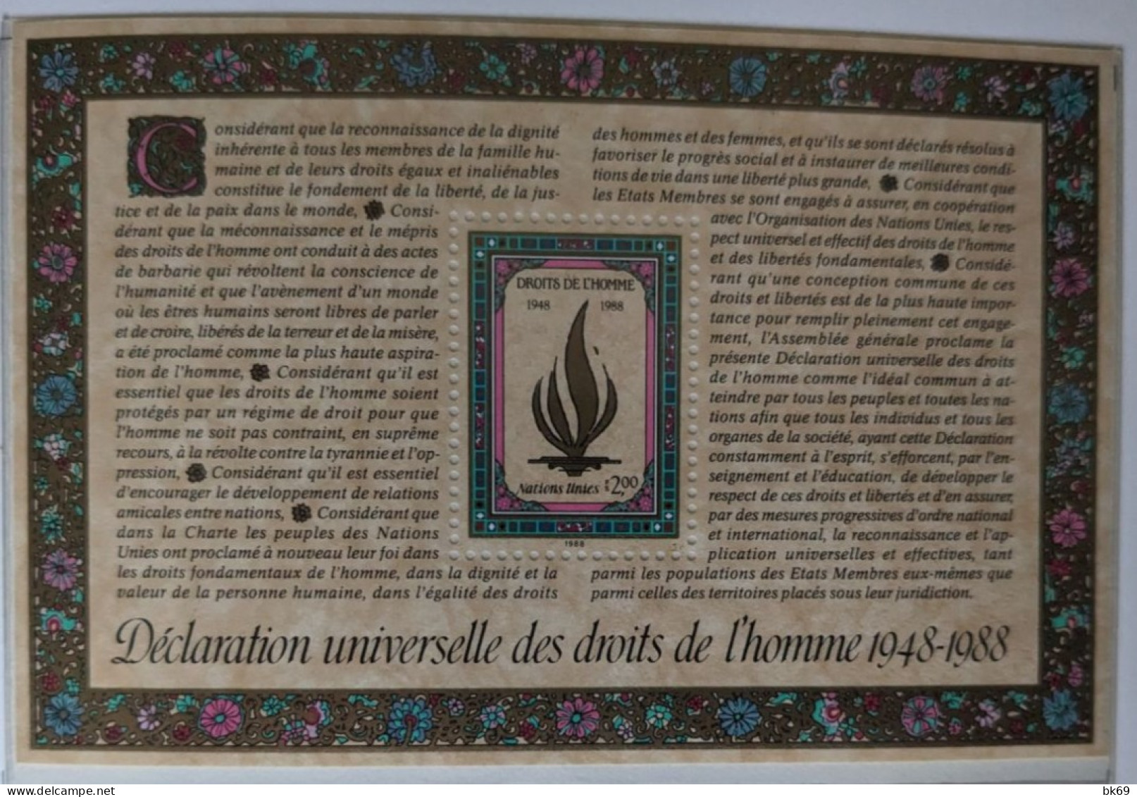 Emission Commune France - ONU - Droits De L'Homme 1789 -1948 Belle Enveloppe Avec Les 2 Blocs** PV 70.00 FF - Foglietti Commemorativi