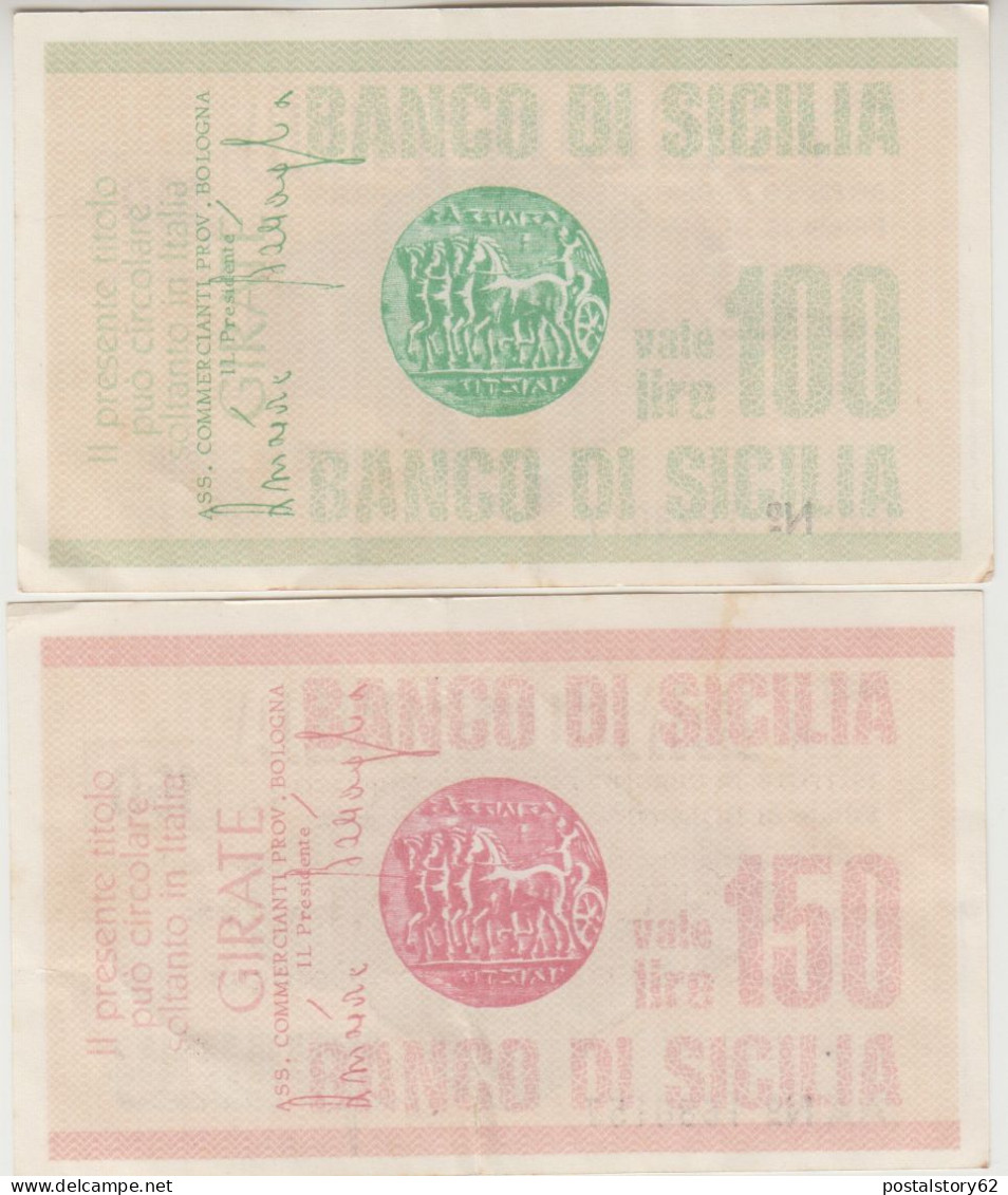 Banco Di Sicilia, Filiale Di Bologna . Coppia Miniassegni Da Lire 100 E 150 - Associazione Commercianti Di Bologna - - [10] Checks And Mini-checks