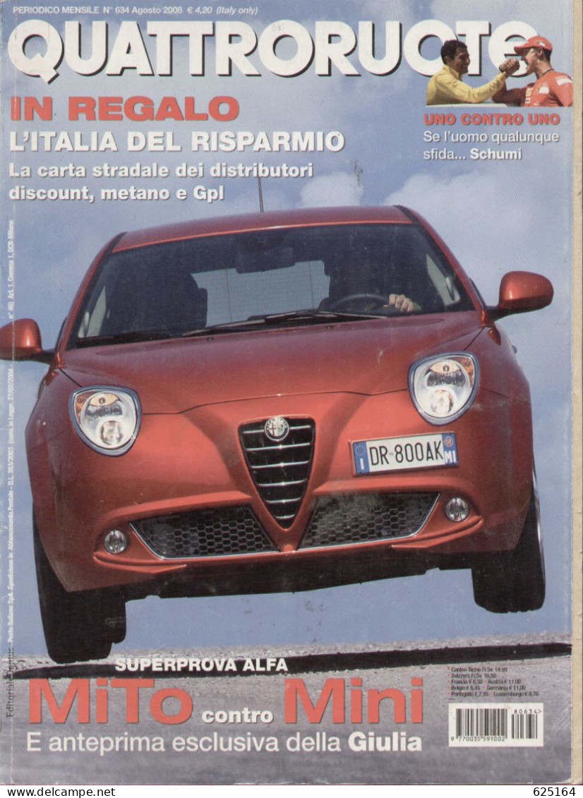 Magazine QUATTRORUOTE N. 634 Agosto 2008 MiTo Contro Mini E Anteprima Giulia - En Italien - Moteurs