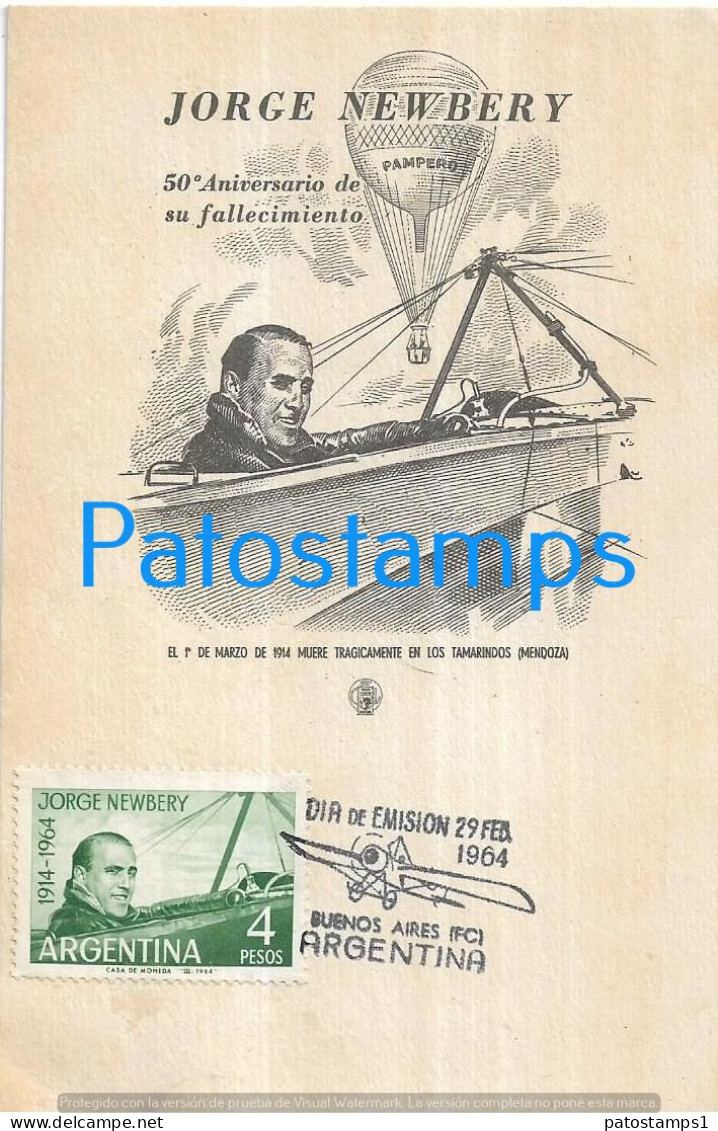 223692 ARGENTINA BUENOS AIRES AVIATION 50º ANIVERSARIO DE FALLECIMIENTO PILOT JORGE NEWBERY AÑO 1964 NO POSTAL POSTCARD - Argentine