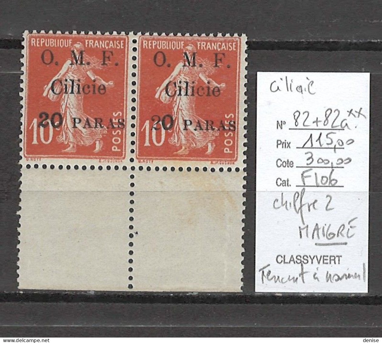 Cilicie - Yvert 82a** - VARIETE CHIFFRE 2 MAIGRE - Semeuse 10 Cts Rouge - Unused Stamps
