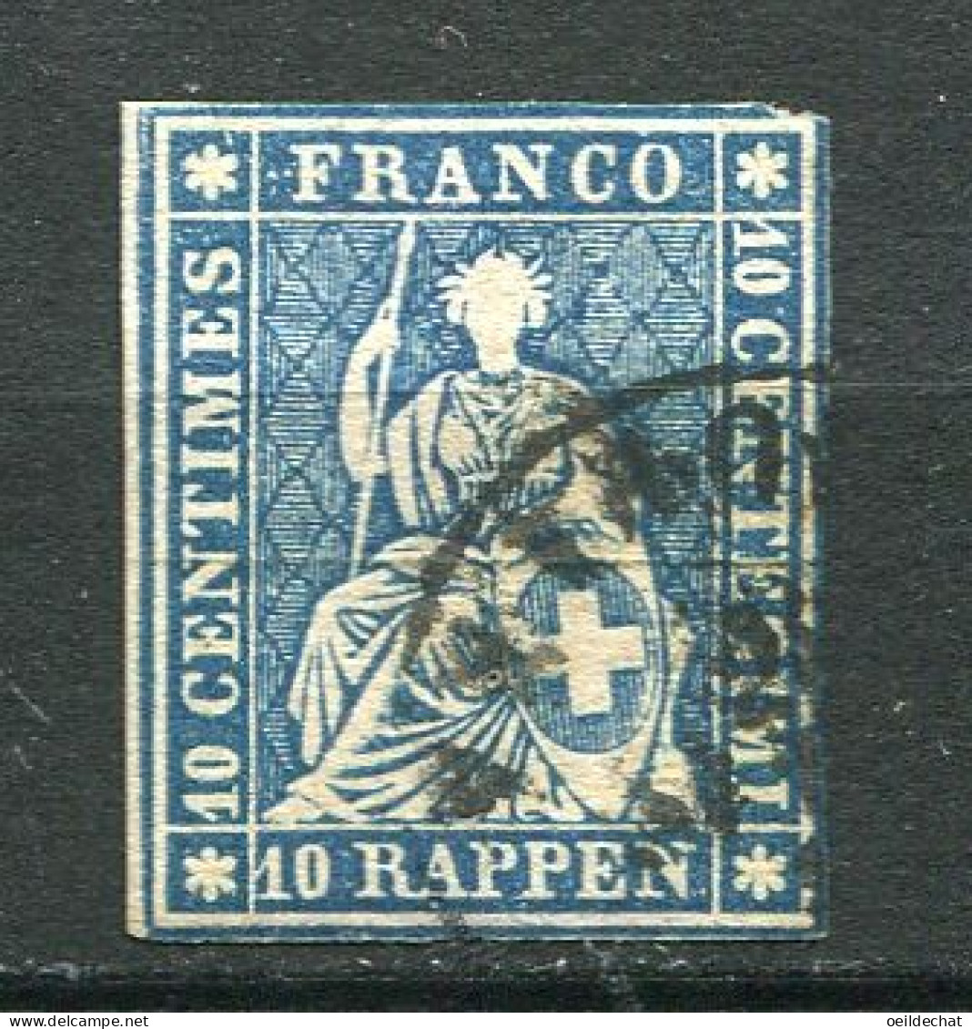 26199 Suisse N°27b° 10 R. Bleu Helvetia (Fil De Soie Vert)  1854-62 B/TB - Used Stamps