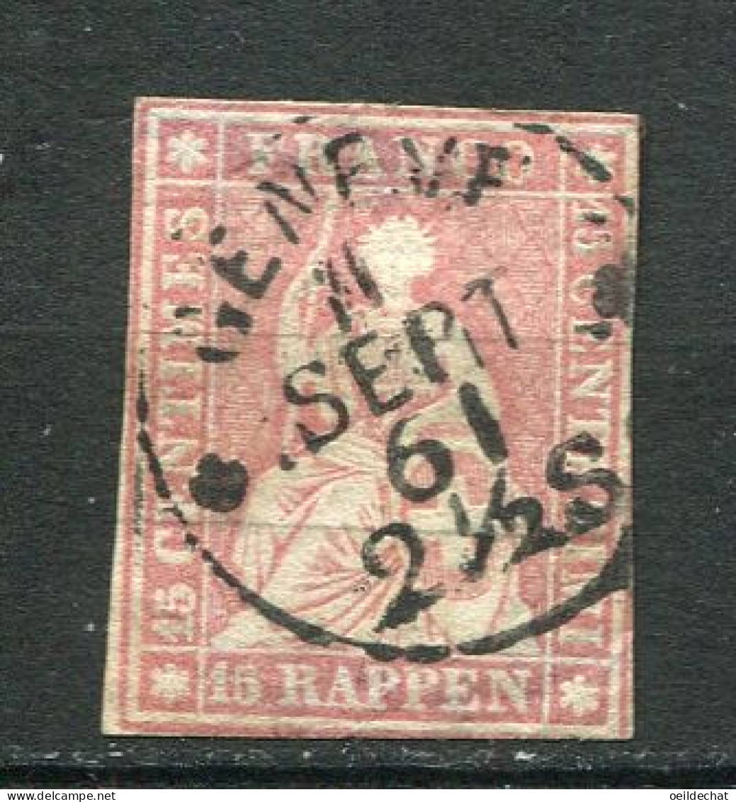 26200 Suisse N°28b° 15 R. Rose Helvetia (Fil De Soie Vert)  1854-62 B/TB - Used Stamps