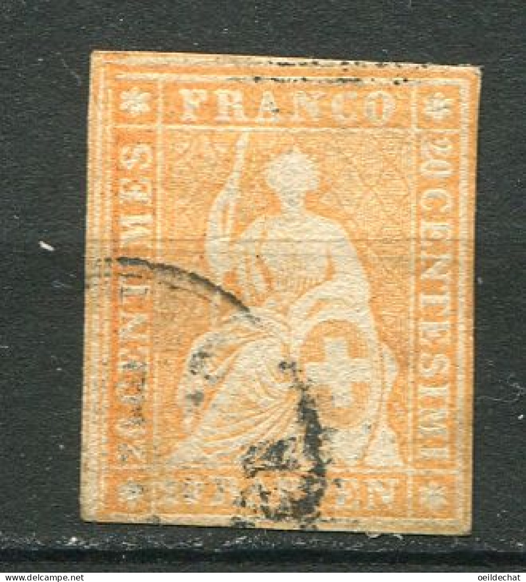 26201 Suisse N°29a° 20 R. Orange Helvetia (Fil De Soie Vert)  1854-62 B/TB - Used Stamps