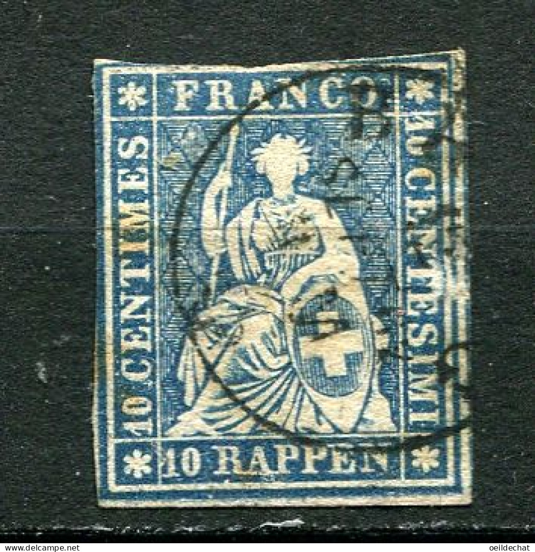 26198 Suisse N°27b° 10 R. Bleu Helvetia (Fil De Soie Vert)  1854-62 B/TB - Used Stamps