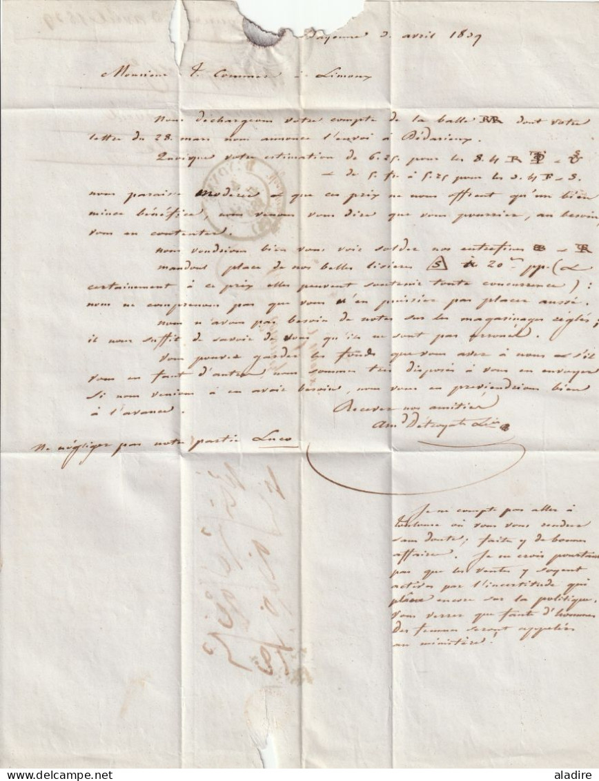 1839 - Lettre Pliée De Bayonne, Pyrénées Atlantiques (grand Cachet) Vers Limoux, Aude - Taxe 7 - Cachet à Date D'arrivée - 1801-1848: Precursors XIX
