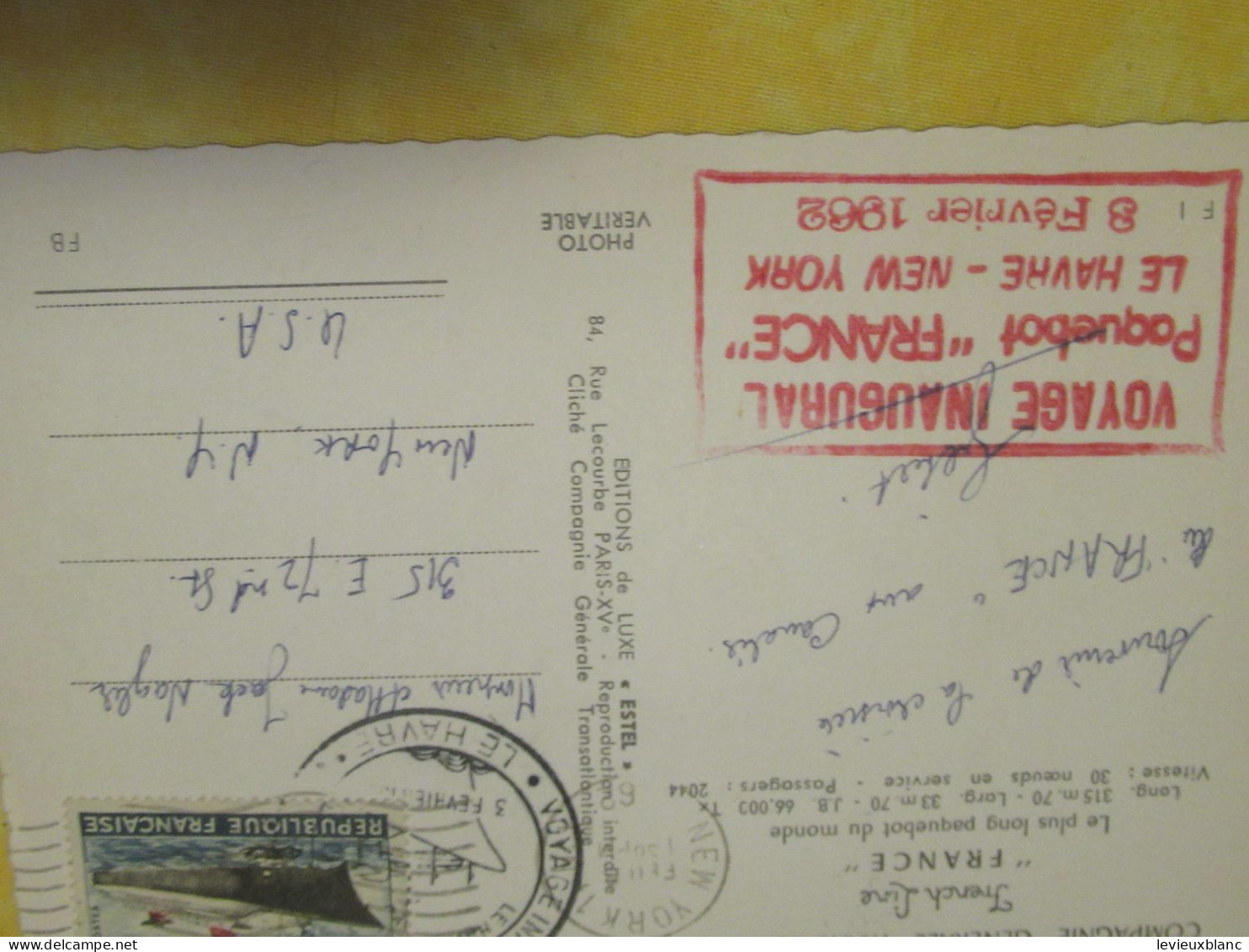 Carte-Postale Souvenir Affranchie/Voyage Inaugural Paquebot "FRANCE" Le Havre-New-York /3 Février 1962   TIMB168 - Sonstige & Ohne Zuordnung