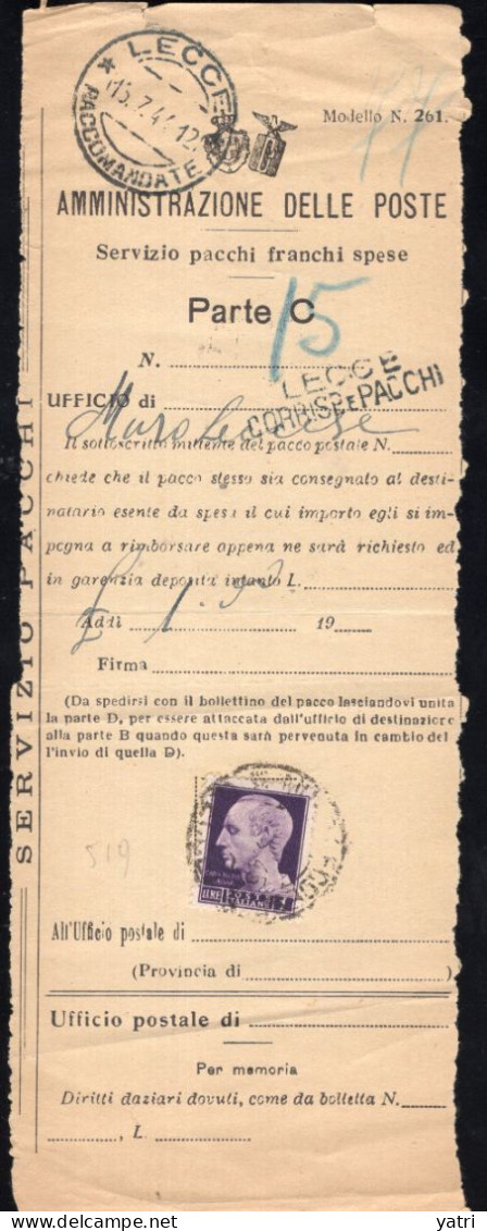 Luogotenenza (1944) - Imperiale 1 Lira Isolato Su Modello 261 Servizio Pacchi Franchi Spese - Postpaketten