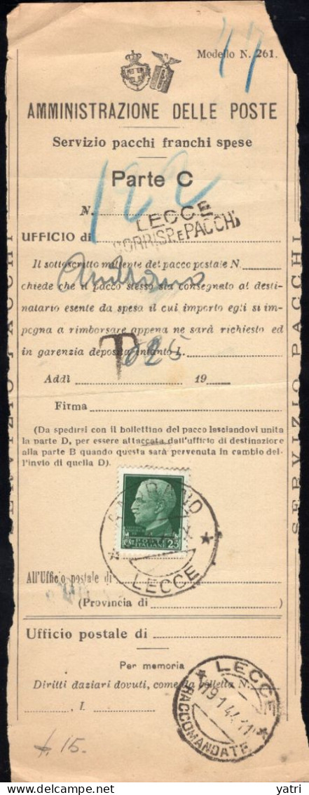 Luogotenenza (1944) - Imperiale Cent. 25 Isolato Su Modello 261 Servizio Pacchi Franchi Spese - Postpaketten