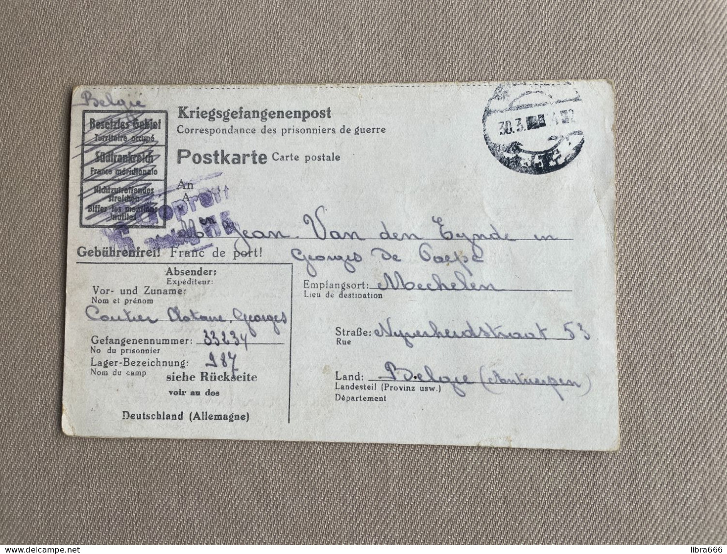 Kriegsgefangenenpost - M.-Stammlager VI F / Bocholt (Westfalen) - Coutier -> Mechelen - Van Den Eynde - De Caepe - Guerra 40 – 45 (Cartas & Documentos)