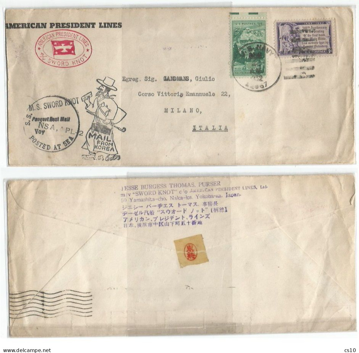 USA Posted At Sea From Korea M/S Sword Knot President Lines CV U.S.Navy 218dec952 To Italy With 2 Stamps - Variétés, Erreurs & Curiosités