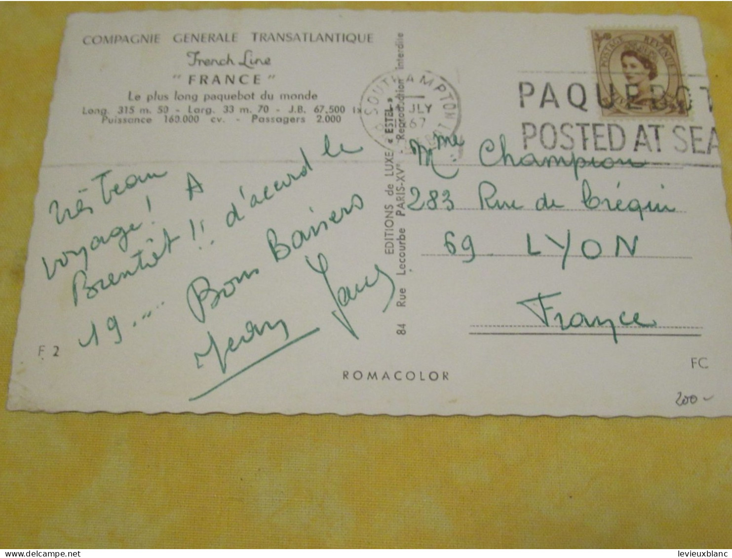 Carte-Postale Souvenir Affranchie/ Paquebot "FRANCE" / Cie Gén. Transatlantique /14 Juillet1967   TIMB169 - Andere & Zonder Classificatie