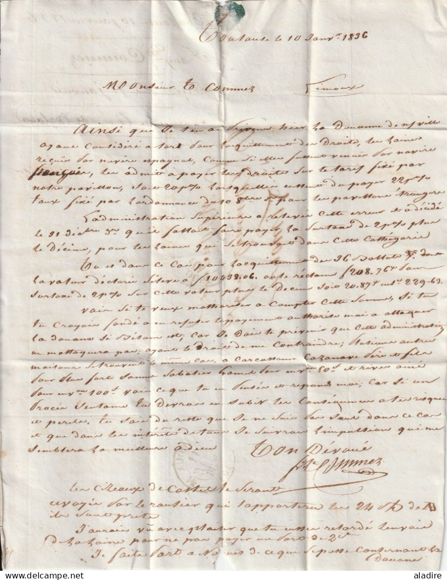 1836 - Lettre Pliée De Toulouse (grand Cachet) Vers Limoux, Aude (cad Fleurons) - Taxe 4 - 1801-1848: Precursors XIX
