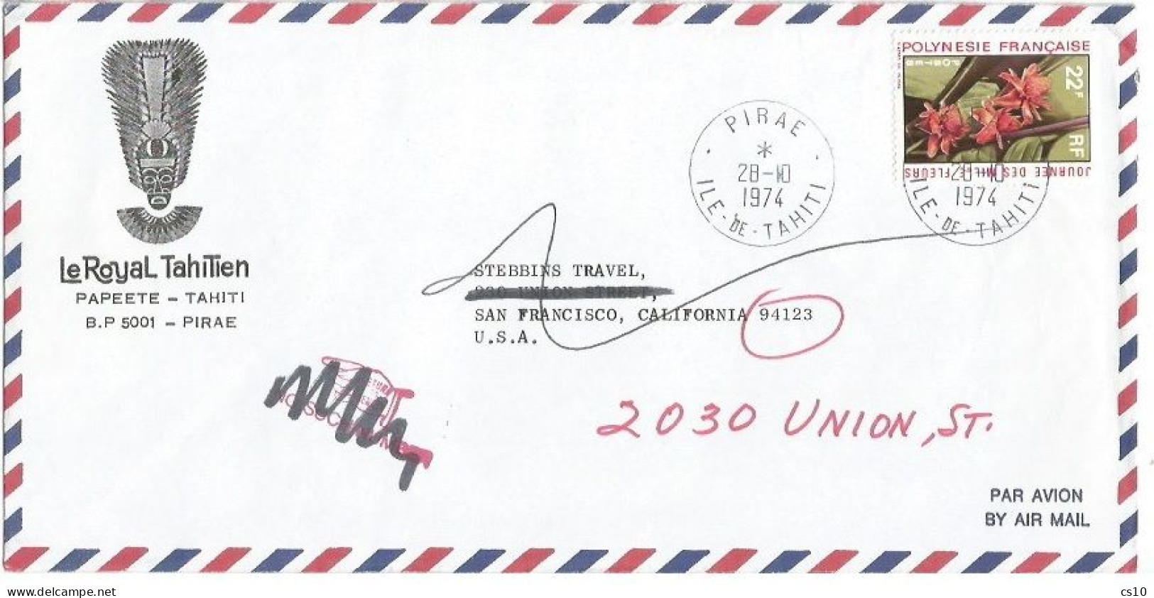 France Polynesie Commerce Airmail Lettre Pirae Tahiti 28oct1974 Avec F22 Feurs - Brieven En Documenten