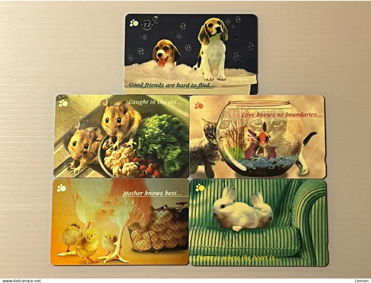 Singapore Telecom Singtel GPT Phonecard, Mother & Child Rabbit Dog Cat Rat, Set Of 5 Used Cards Including One $50 Card - Singapour