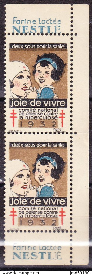 Paire 2 Timbres** Tuberculose JOIE DE VIVRE - 1932, Avec Bande Pub NESTLE - Tegen Tuberculose