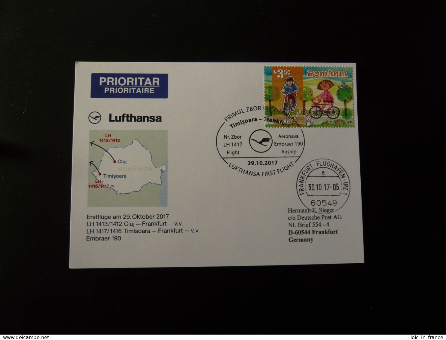 Premier Vol First Flight Timisoara Romania To Frankfurt Embraer 190 Lufthansa 2017 - Lettres & Documents