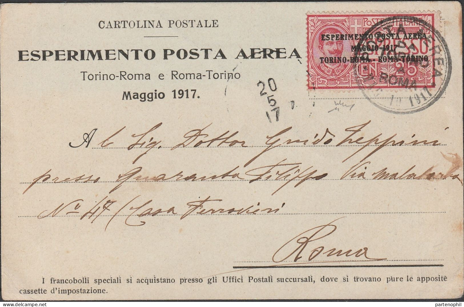 105 - Posta Aerea 20.5.1917 - Cartolina I° Esperimento Di Posta Aerea, Con Annulli Del Volo Di Andata. - Storia Postale (Posta Aerea)