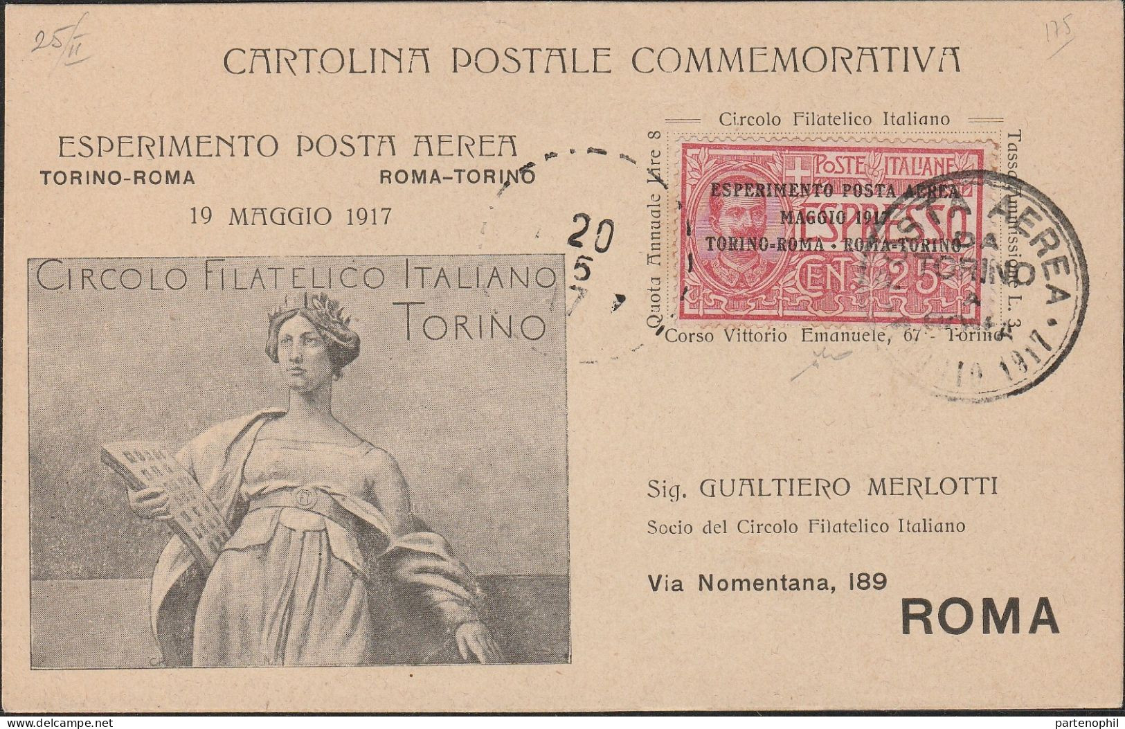 104 - Posta Aerea 19.5.1917 - Cartolina I° Esperimento Di Posta Aerea, Del Circolo Filatelico Italiano, Annullata Con An - Marcophilie (Avions)