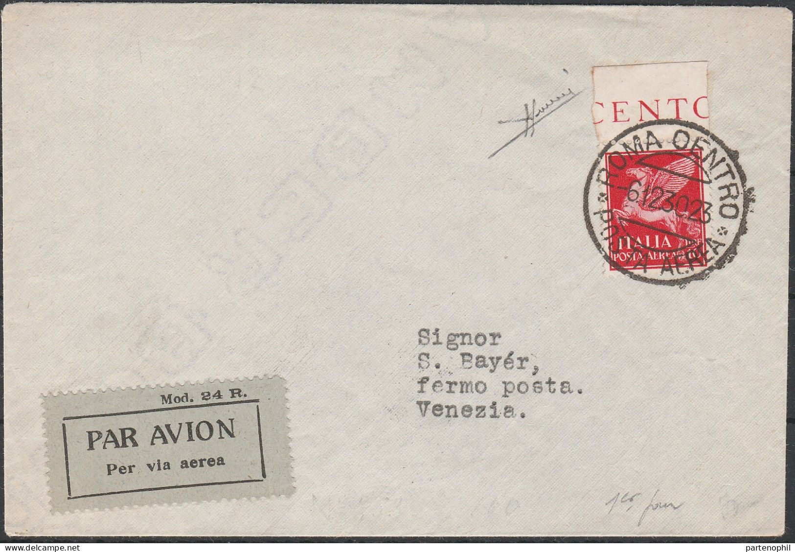 102 - Posta Aerea Aerogramma Da Roma Per Venezia Del 6.12.1930 Affrancato Con P.a. L. 10 Pegaso. Al Verso Annullo Di Arr - Marcophilie (Avions)