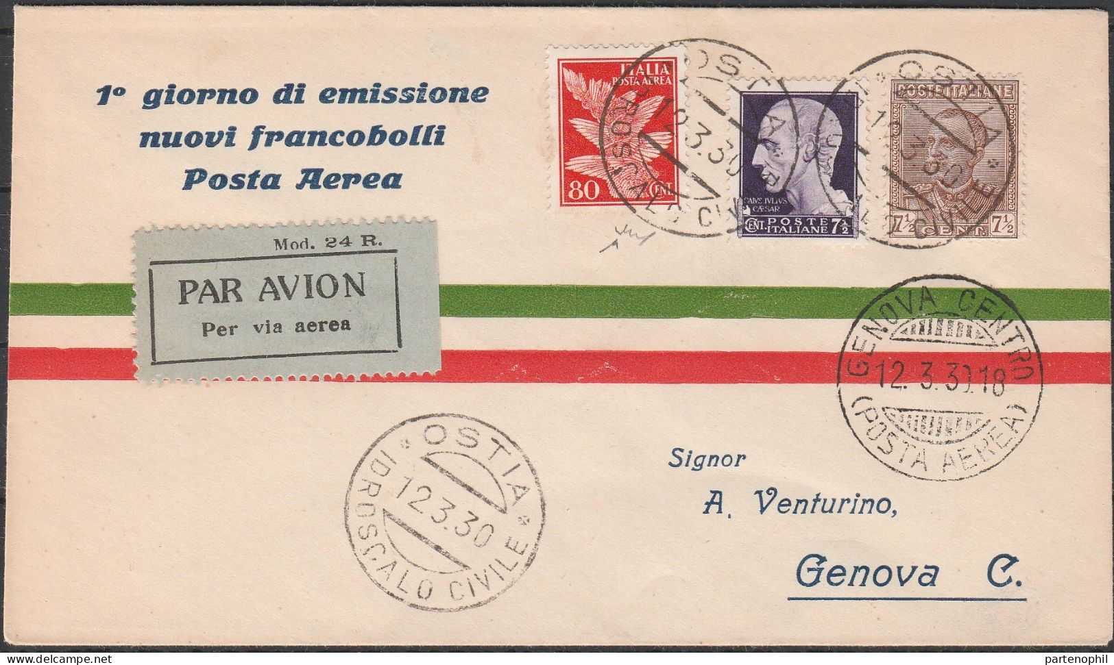 101 - Posta Aerea Aerogramma Da Ostia Per Genova Affrancato Con 80 C. Di P.a. “Imperiale In Combinazione Con Due Francob - Storia Postale (Posta Aerea)