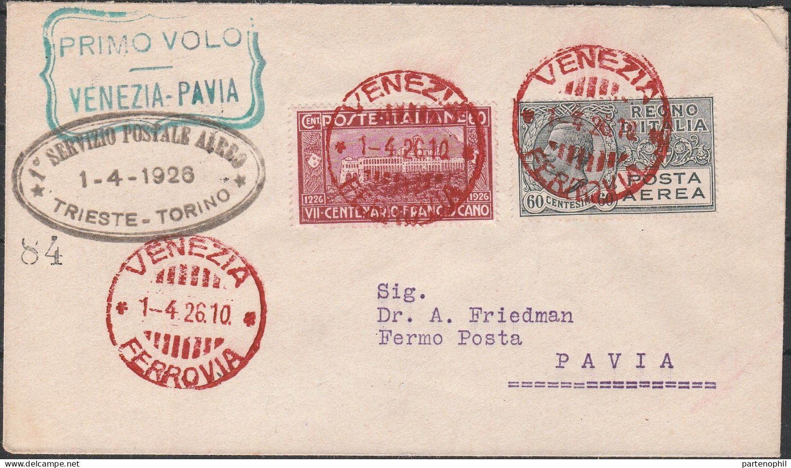 97 - Posta Aerea - Linea Aerea Commerciale Venezia-Pavia Del 1.4.1926, Con Annullo Di Arrivo Al Verso Su Segnatasse Da 3 - Marcophilia (AirAirplanes)