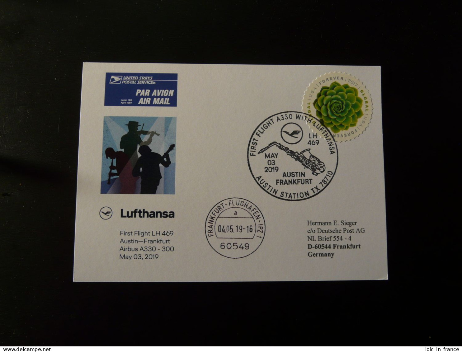 Premier Vol First Flight Austin Texas To Frankfurt Airbus A330 Lufthansa 2019 - Lettres & Documents
