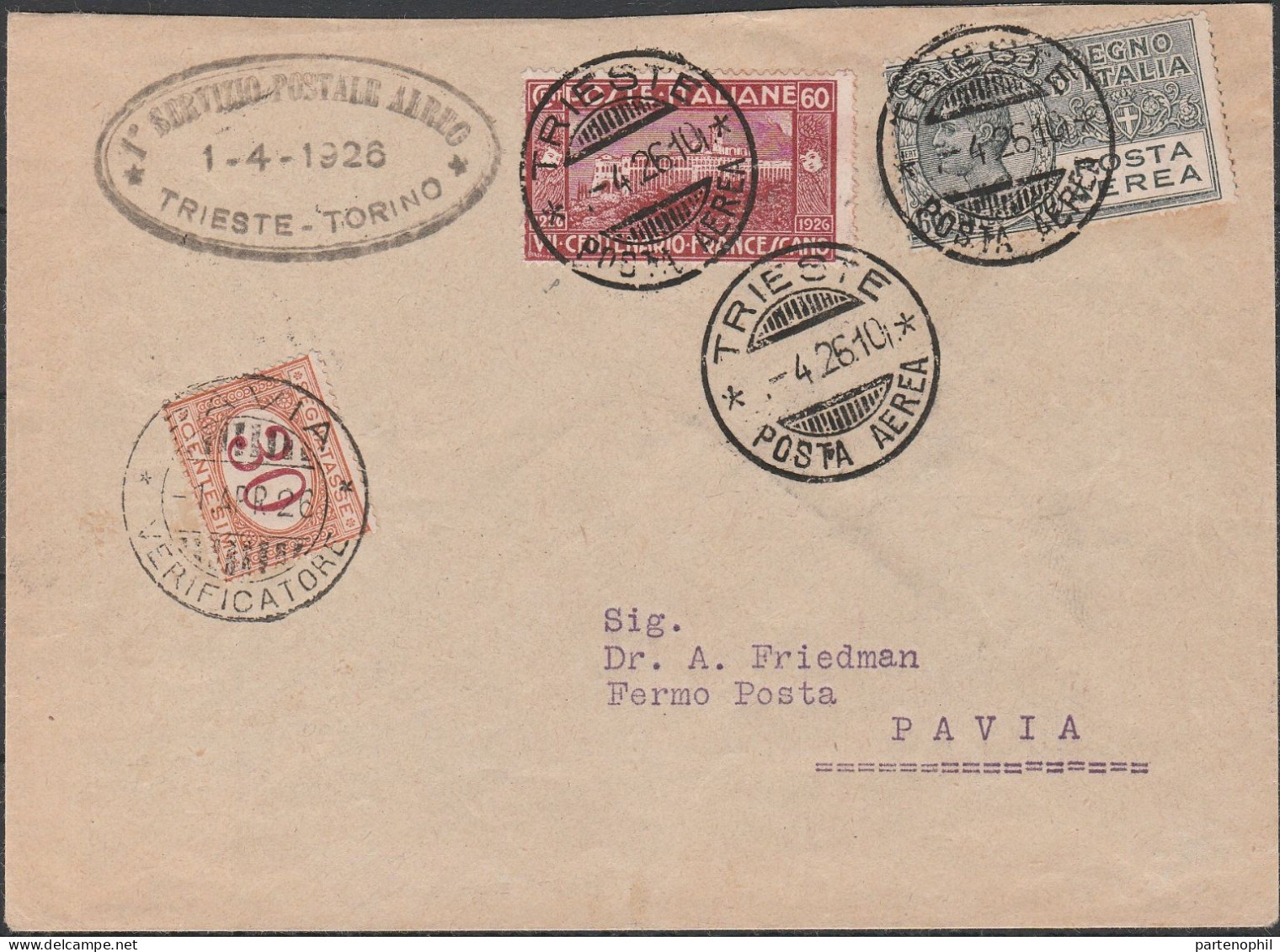 94 - Posta Aerea - Linea Aerea Commerciale Trieste-Venezia Del 1.4.1926, Affrancata Con P.a. 60 C. + Centenario Frances - Marcophilia (AirAirplanes)