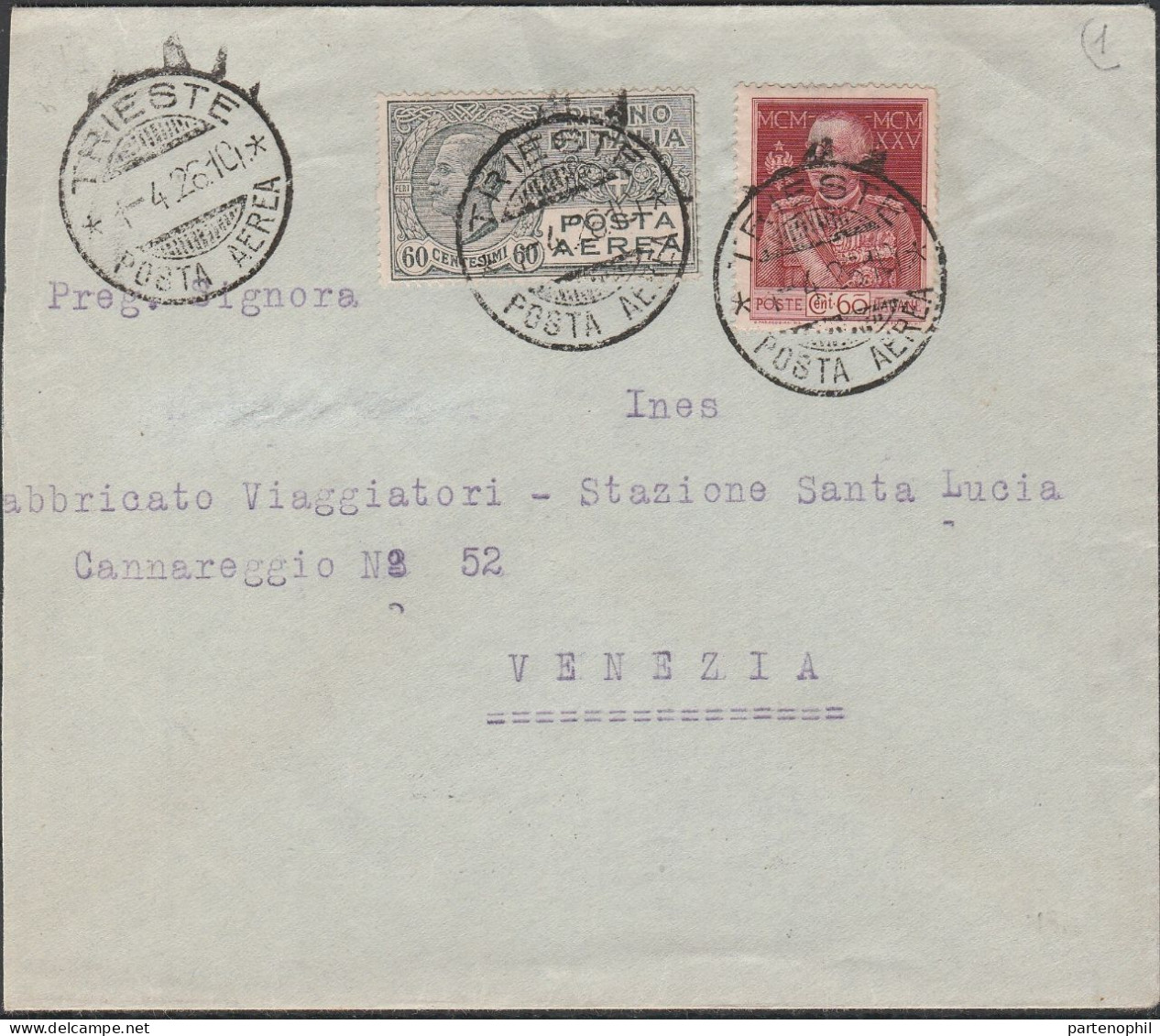 93 - Posta Aerea - Linea Aerea Commerciale Trieste-Venezia Del 1.4.1926, Al Verso Annullo Meccanico Di Arrivo. SPL - Marcophilia (AirAirplanes)