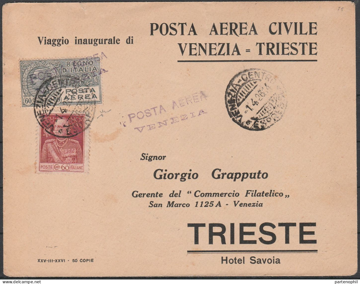 92 - Posta Aerea - Linea Aerea Commerciale Venezia-Trieste, Aerogramma Privato Del Sig. Grapputo (50 Esemplari) Del 1.4. - Poststempel (Flugzeuge)