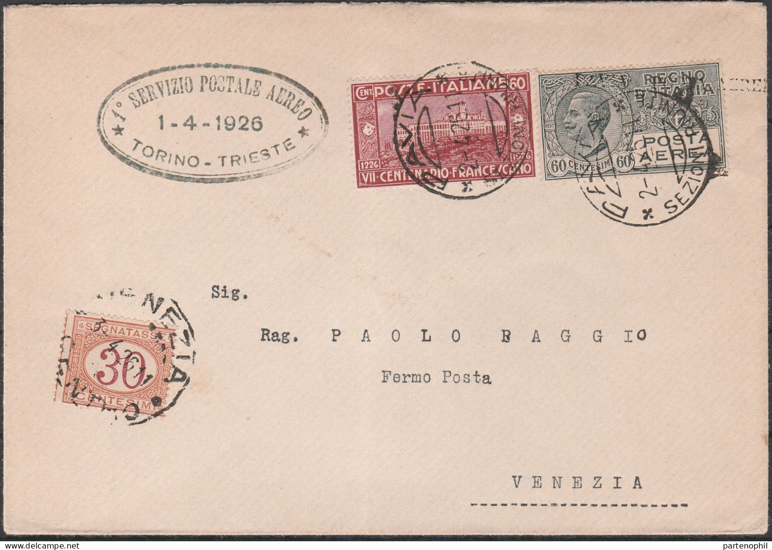 90 - Posta Aerea - Linea Aerea Commerciale Pavia-Venezia Del 2.4.1926, Annullo Di Arrivo A Venezia Su Segnatasse 30 C. C - Marcophilie (Avions)