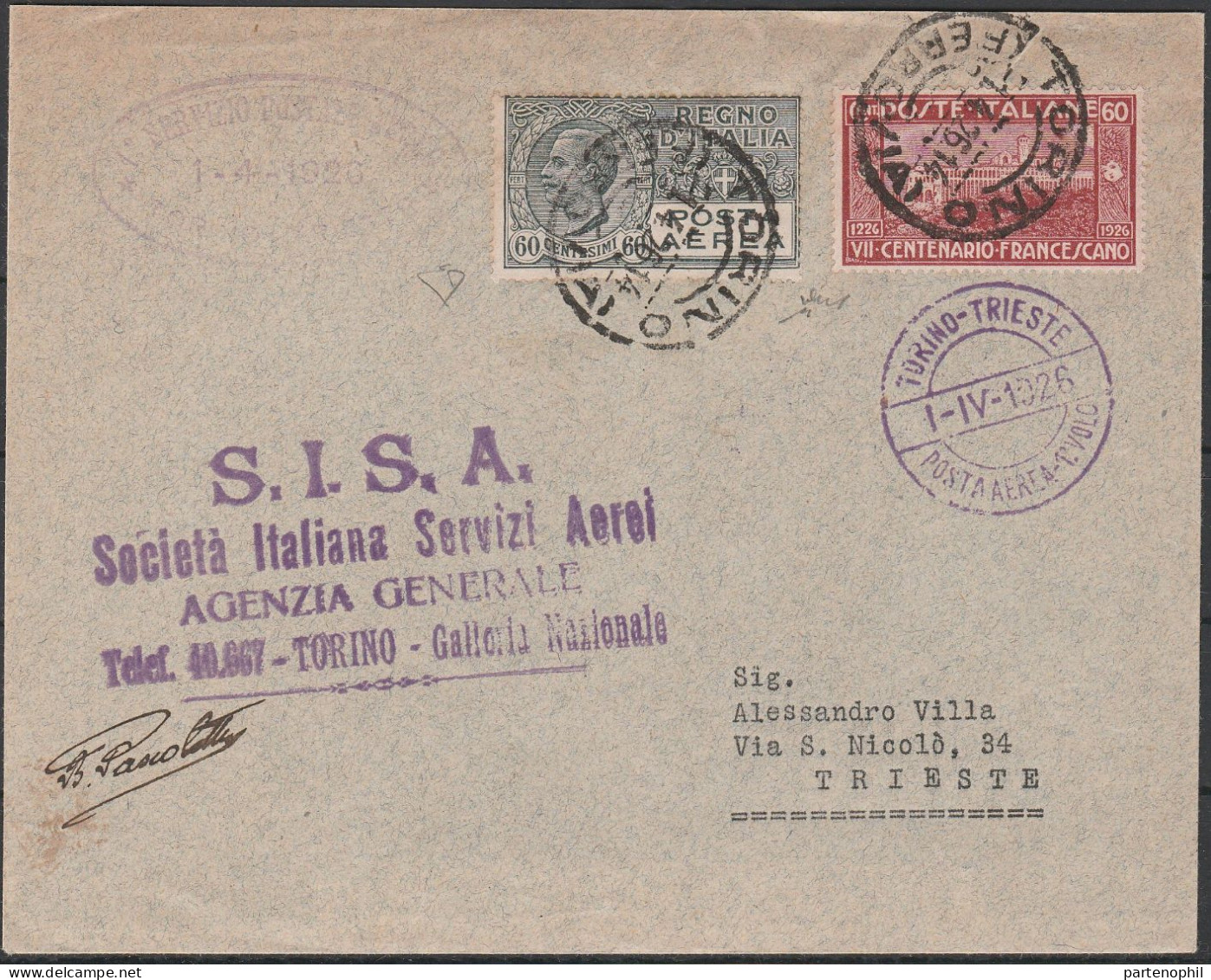 89 - Posta Aerea - Linea Aerea Commerciale Torino-Trieste Del 1.4.1926, Con Annullo Speciale Violetto Ovale Di Provenien - Poststempel (Flugzeuge)