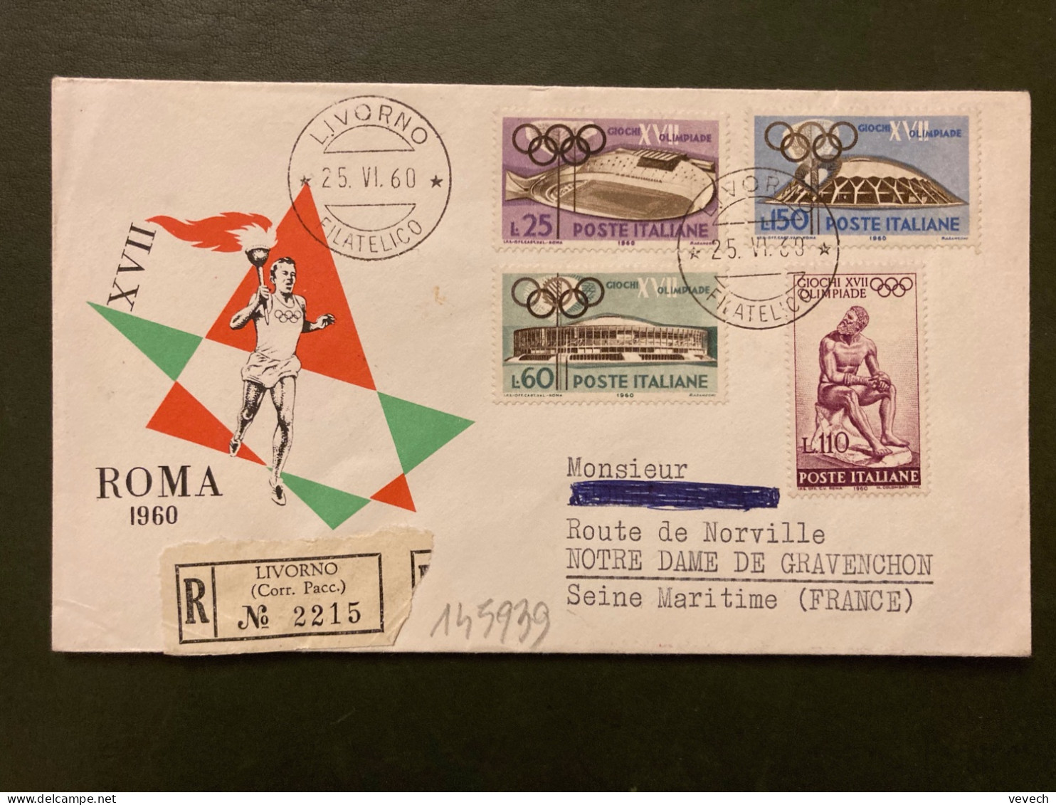 LR ROMA JO XVII OLIMPIADE TP L25 + L150 + L60 + L110 OBL.25 VI 60 LIVORNO - Sommer 1960: Rom