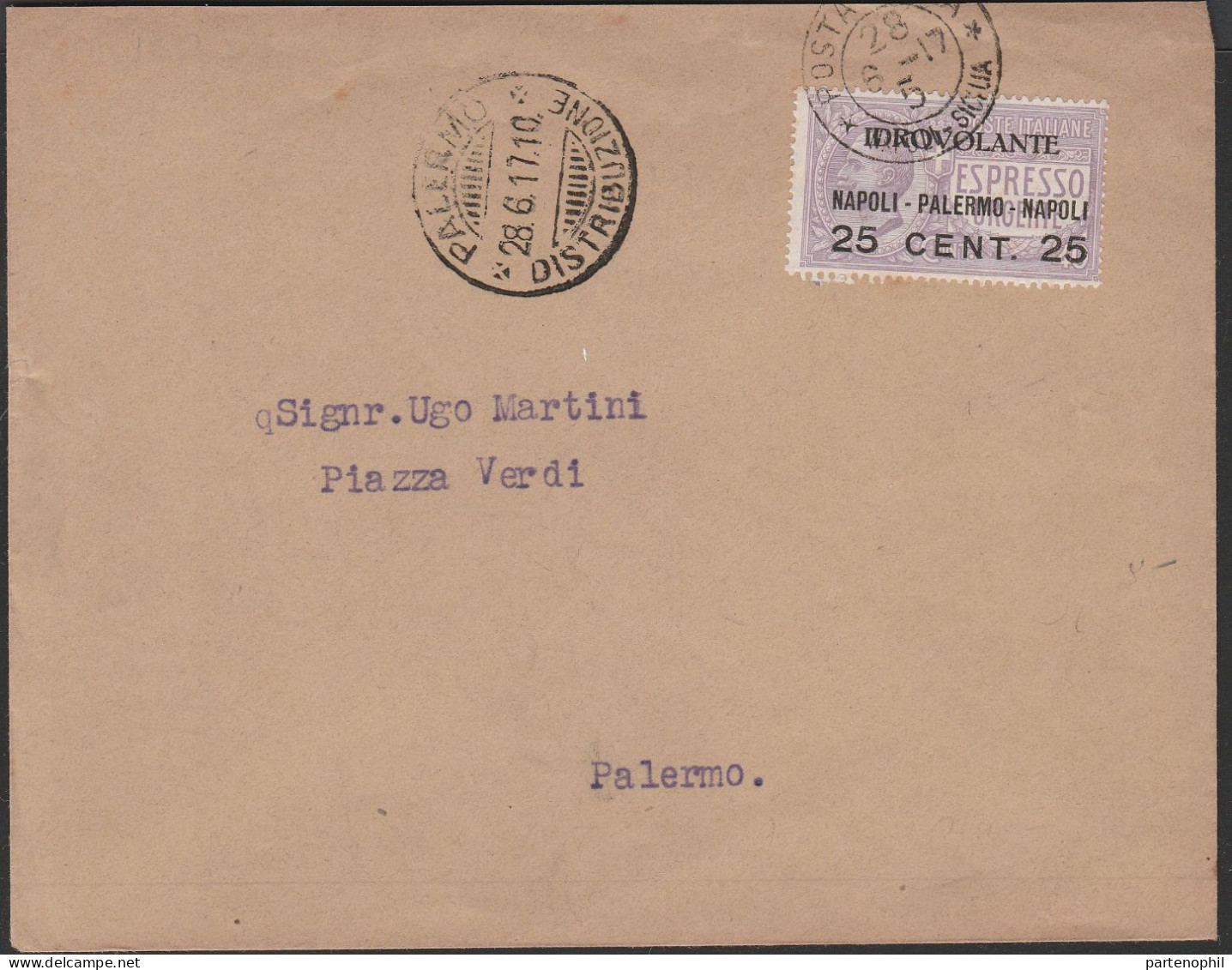 85 - Posta Aerea - Volo Napoli-Palermo-Napoli Del 28-29 Giugno 1917, 5 Lettere E Una Cartolina Dei Voli Di Andate E Rito - Poststempel (Flugzeuge)