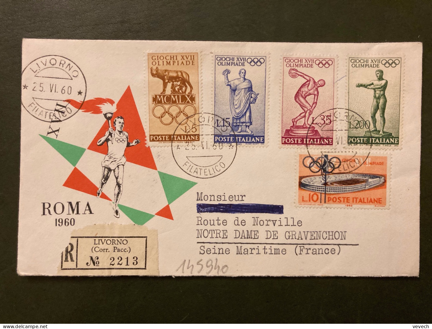 LR ROMA JO XVII OLIMPIADE TP L5 + L15 + L35 + L200 + L10 OBL.25 VI 60 LIVORNO - Verano 1960: Roma