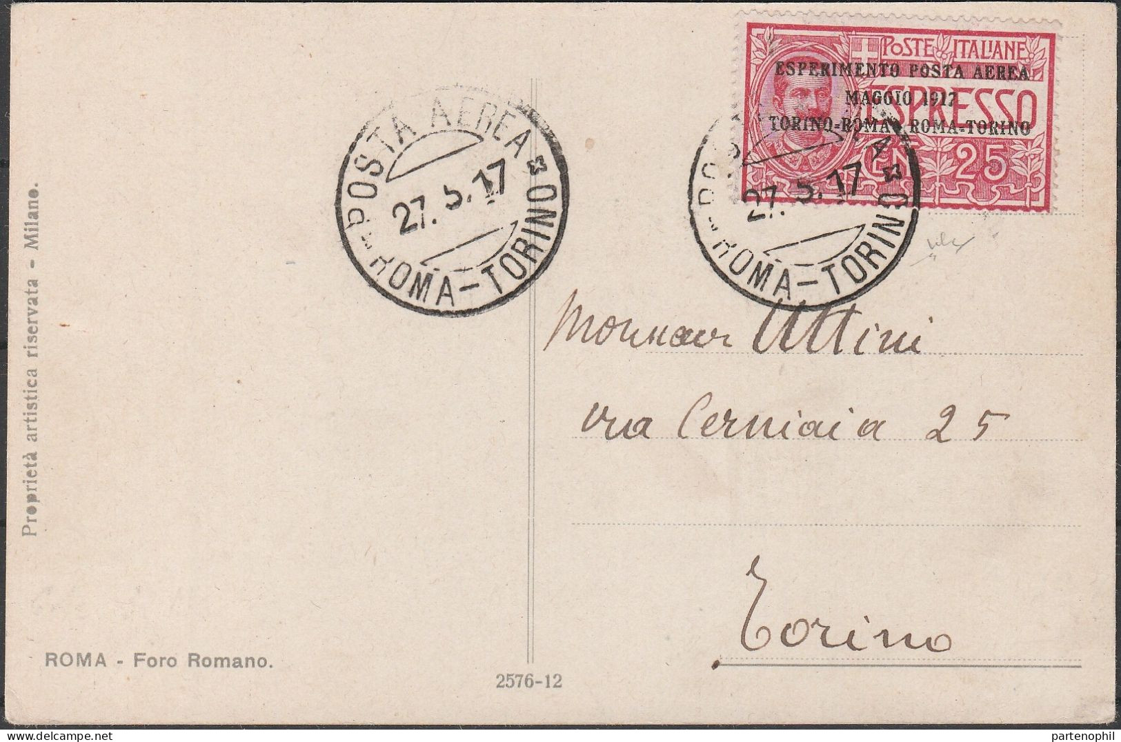 83 - Posta Aerea - I° Esperimento Di Posta Aerea, Volo Di Ritorno Torino-Roma Del 20.5.1917 Con Annullo Del II Tipo. SP - Marcophilie (Avions)