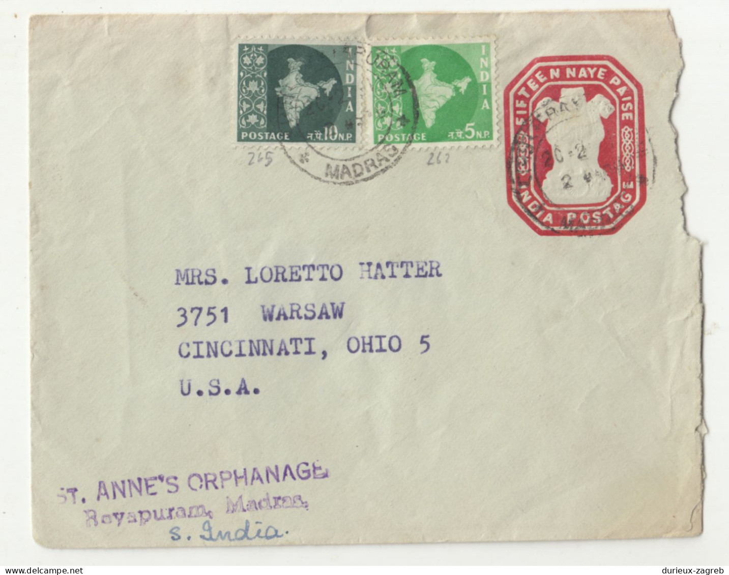 India Postal Stationery Letter Cover Posted 195? To USA - Uprated B240205 - Covers