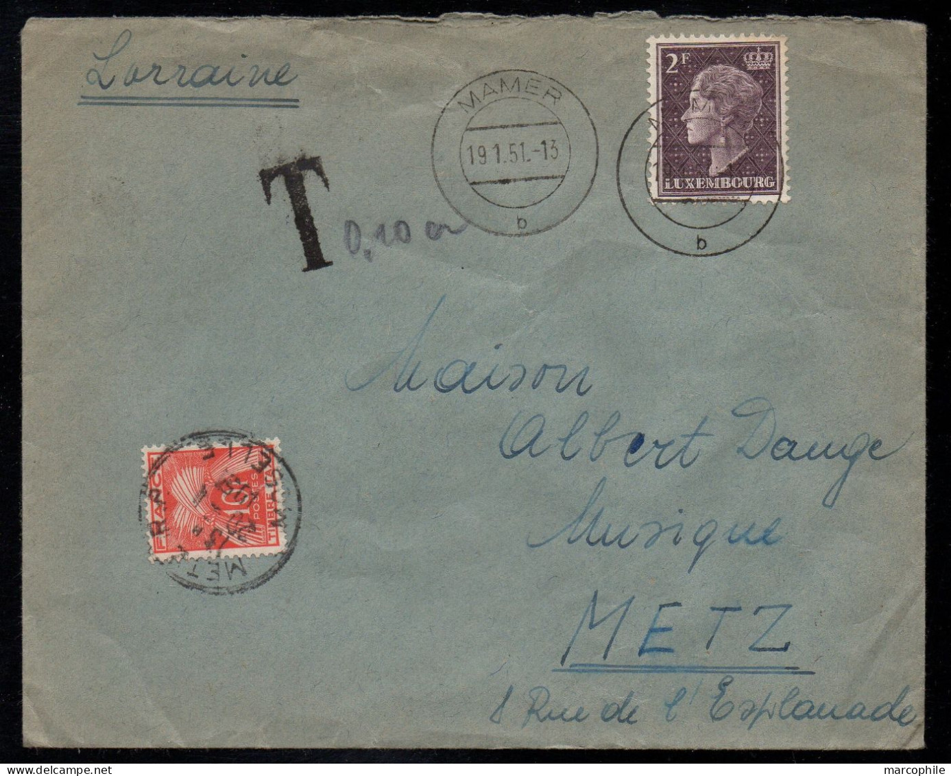 LUXEMBOURG - MAMER / 1951 LETTRE TAXEE A L'ARRIVEE EN FRANCE - METZ (ref 5865a) - Briefe U. Dokumente