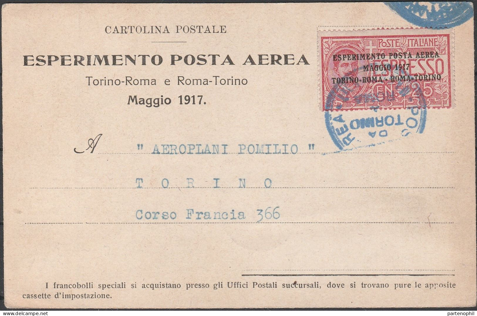 75 - Cartolina I° Esperimento Di Posta Aerea, Volo Torino-Roma Del 22.5.1917, Della Società Pomilio Con Cartina Dell’ It - Poststempel (Flugzeuge)