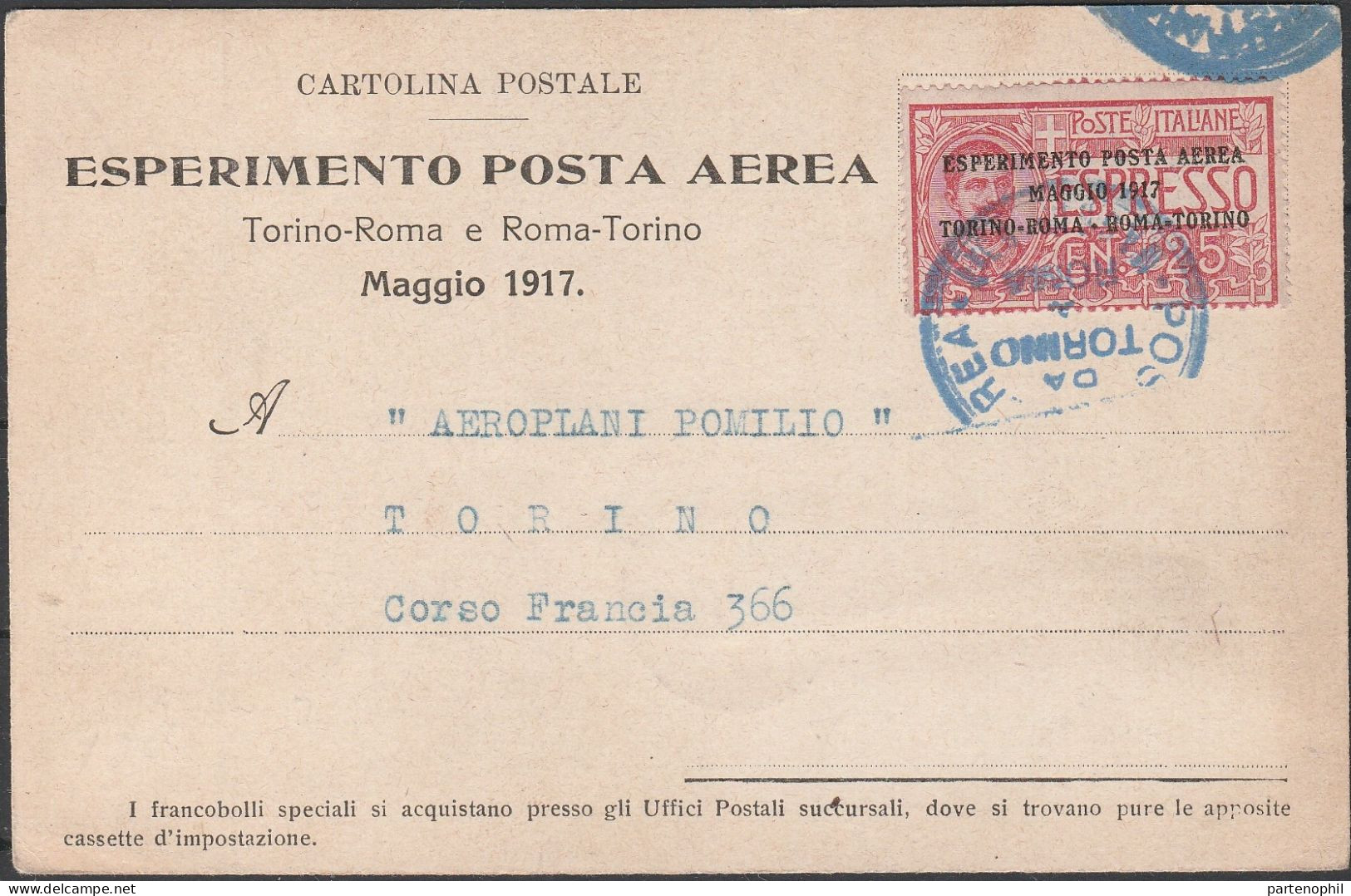 75 - Cartolina I° Esperimento Di Posta Aerea, Volo Torino-Roma Del 22.5.1917, Della Società Pomilio Con Cartina Dell’ It - Marcophilie (Avions)