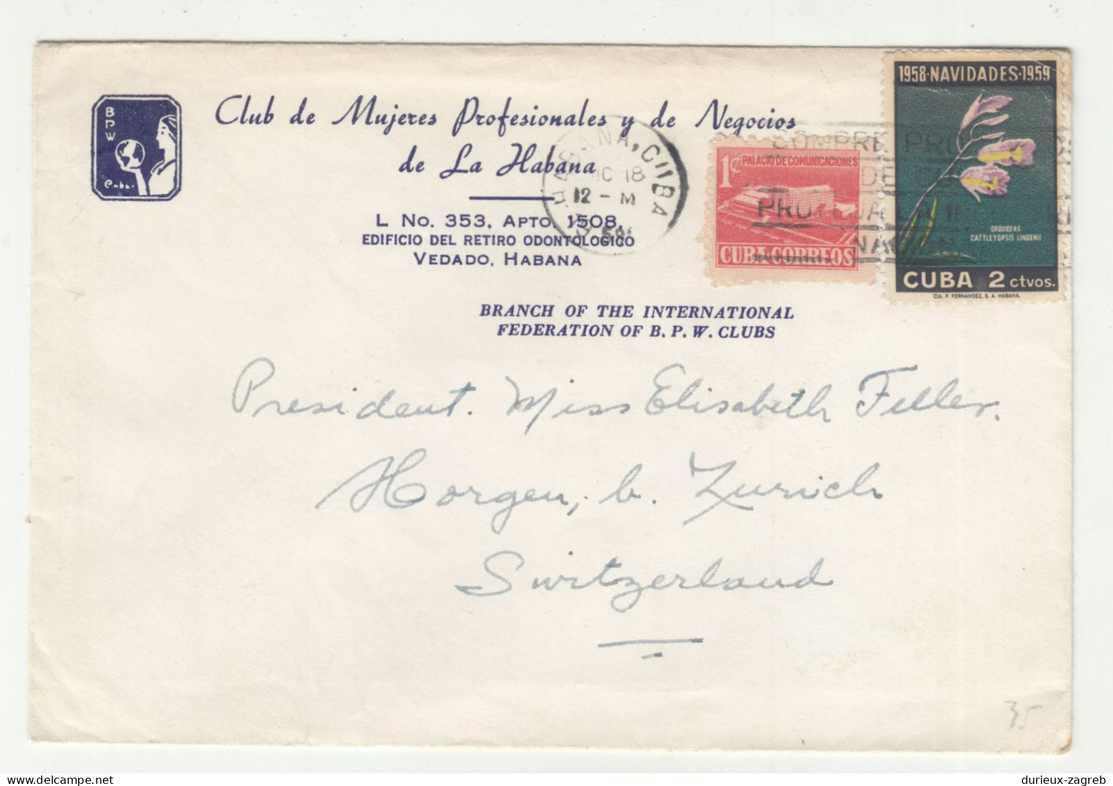 Club De Mujeres Profesionales Y De Negocies De La Habana Company Letter Cover Posted 1959 To Switzerland B240205 - Covers & Documents