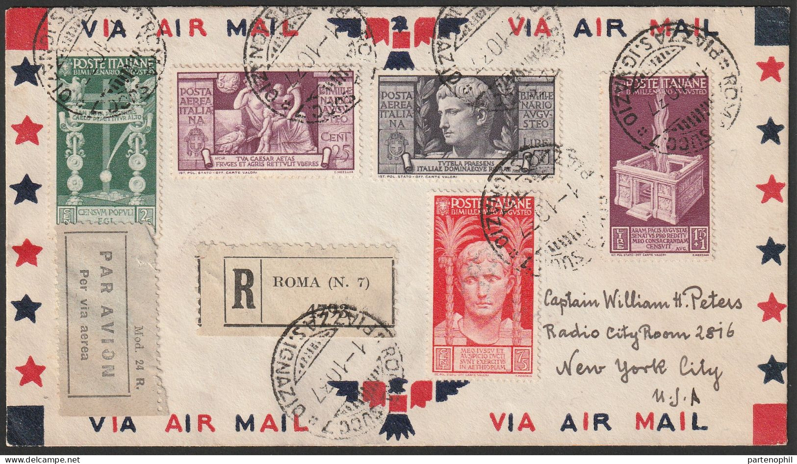 63 - Lettera Di Posta Aerea Raccomandata Del 1.10.1938 Da Roma Per New York, Affrancata Con Augusto L. 5 + L 1 Violetto - Marcophilie (Avions)