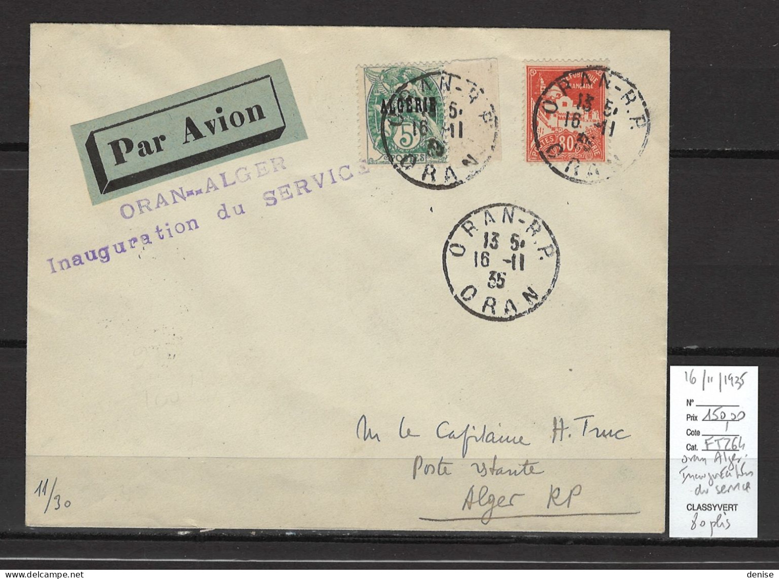 Algérie - 1er Vol Oran - Alger - Inauguration Du Service -14/11/1935 - Luftpost