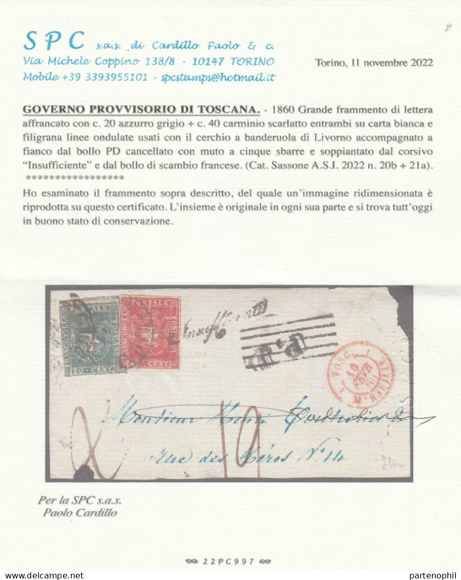 57 - 1860 - Grande Frammento Di Lettera Affrancato Con 20 C. Azzurro Grigio + 40 C. Carminio Scarlatto N. 20b+21a Usati - Toscane