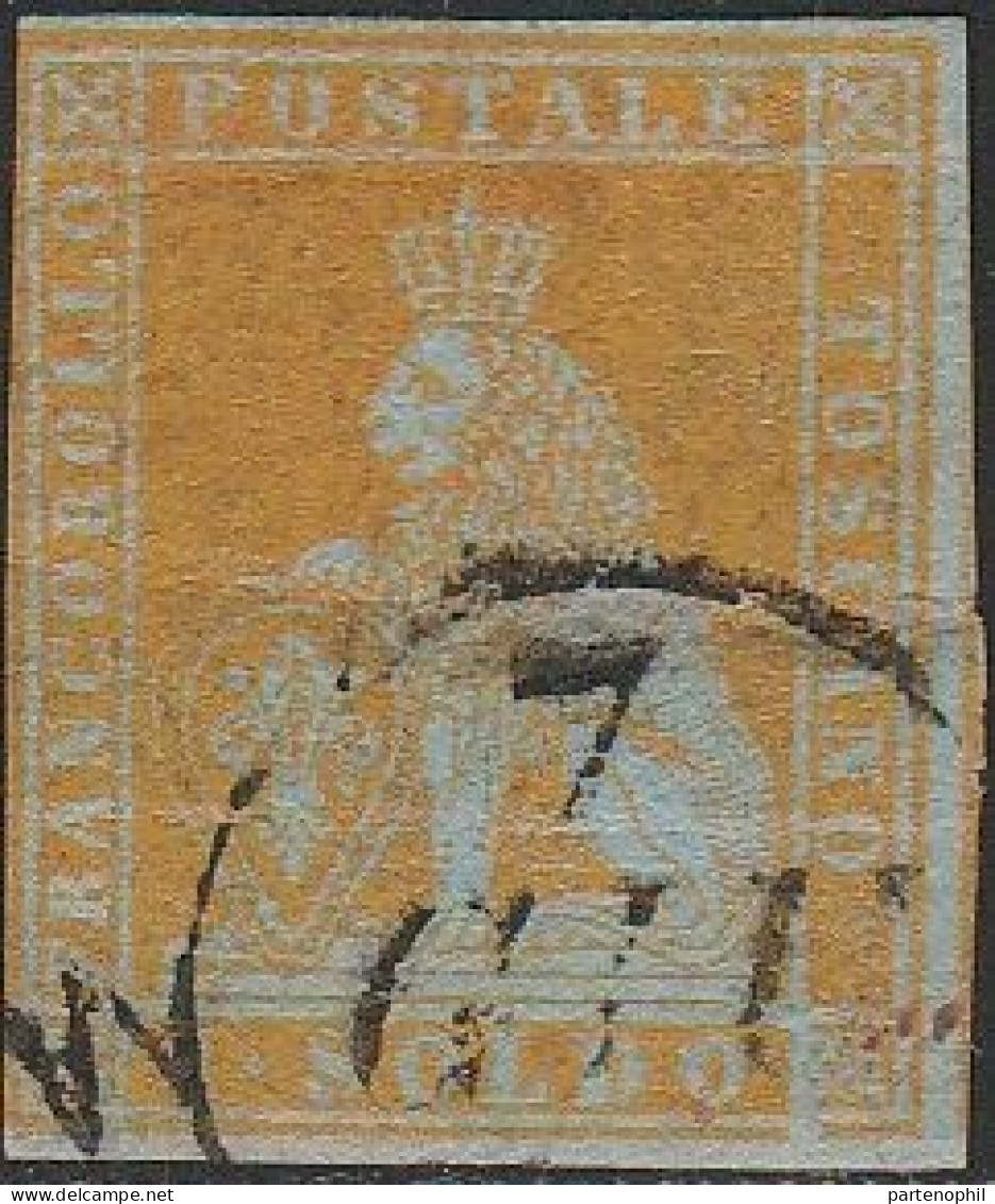 56 - 1851 - 1 Soldo Giallo Oro Su Carta Azzurra N. 2c. Cat. € 3750,00. Cert. SPC - Tuscany