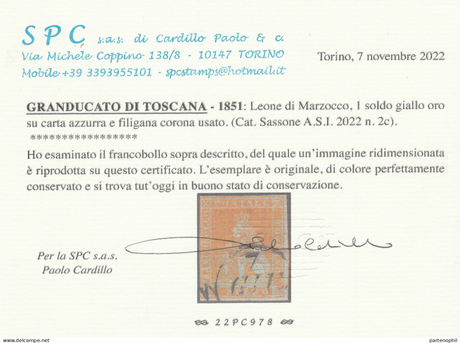 56 - 1851 - 1 Soldo Giallo Oro Su Carta Azzurra N. 2c. Cat. € 3750,00. Cert. SPC - Toscane